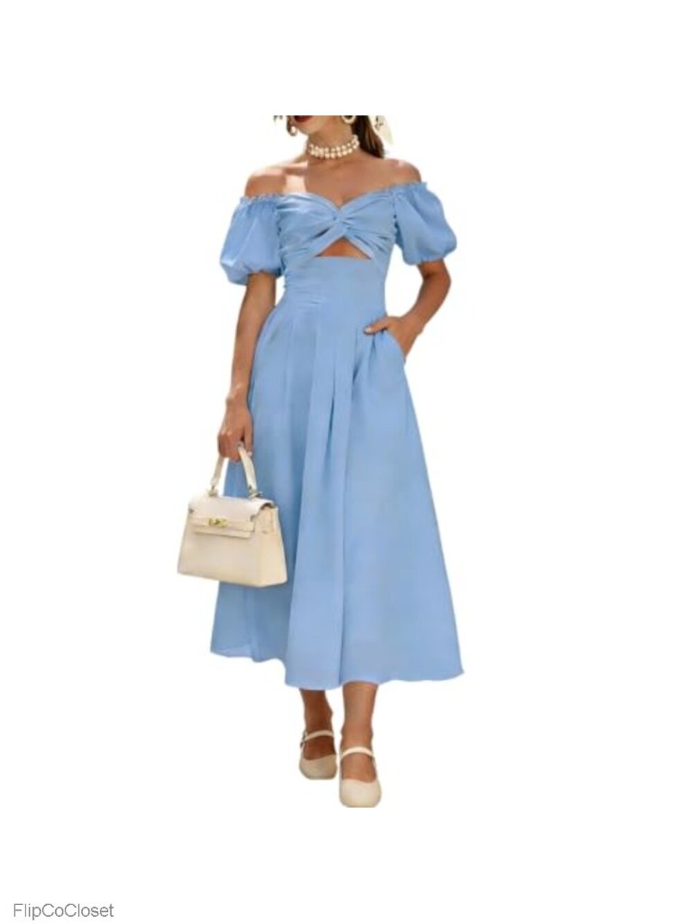 Women's Puff Sleeve Midi Dress Cut Out Smocked A-Line Flowy with Pockets